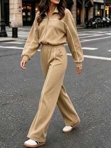 Women's 2 Pieces Set Solid Color Casual Elegant Zip-Up Jacket + Long Pants Office Daily Airport Outfit Autumn/Winter - Khaki - View 5