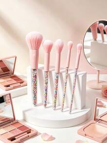 1set Cute Candy‑Toned Makeup Brush Set, Transparent Handles Filled With Colorful Beads, Soft Fluffy Bristles, Multi‑Purpose Cosmetic Brushes, Travel Essentials, Makeup Brush Set, For Vanity Desk & On‑The‑Go Makeup Application - Multicolor - View 7