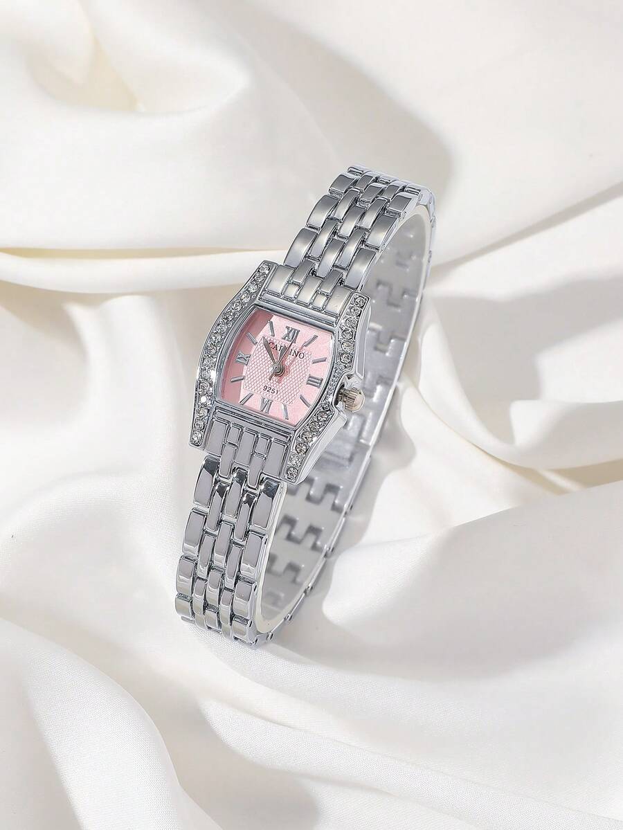 CARYINO 1pc Square Silver Stainless Steel Band Women's Watch, Classic Elegant Versatile Exquisite Diamond-Inlaid Quartz Watch, Suitable For Daily Wear - Pink - View 1