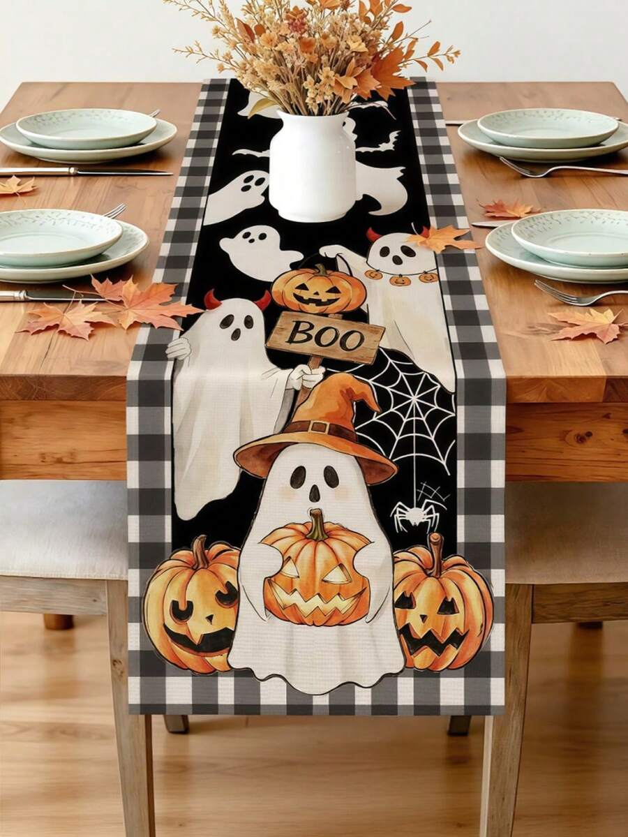 1件裝萬聖節桌旗,室內詭譎萬聖節裝飾,幽靈 Boo 南瓜季節性秋季廚房與餐桌居家裝飾 - 黑與白 - 查看 1