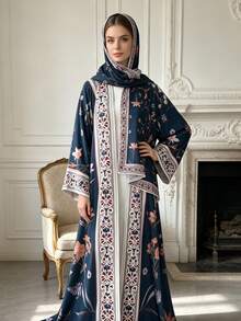 Abaya Terbuka Motif Bunga dengan Hijab Senada, Jubah Maxi Wanita Lengan Panjang dengan Hiasan Geometris Kontras - MultiWarna - View 4