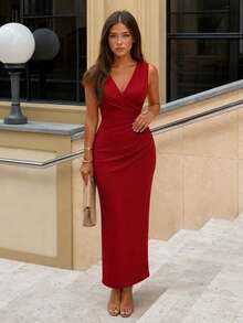 Summer Elegant Solid Color Sleeveless Fitted Dress - Red - View 3
