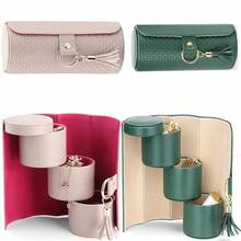 2 Pieces Set Of 3-Layer Cylindrical Artificial Leather Jewelry Box, Foldable Travel Jewelry Storage Box With Tassels, Portable Storage Box For Rings, Earrings, Necklaces, And Bracelets (3-Layer Cylindrical Jewelry Storage Box+1 Heart-Shaped Keychain) - View 9