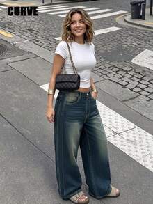 Plus Size Women's Retro Casual Loose Straight Leg Denim Maxi Pants, Fashionable & Versatile Spring Fall - Dark Wash - View 3