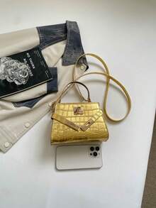 鱷魚壓紋翻蓋方包，時尚純色壓紋手提包，時尚金屬鎖飾裝飾，迷你單肩斜挎包，居家、購物、通勤女性包 - 金色 - 查看 8
