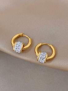 1 Pair Women's Large Rhinestone Gold-Plated Hoop Earrings Stainless Steel Earrings Suitable For Mother's Day Valentine's Day Party Vacation Holiday Gift - Multicolor - View 10
