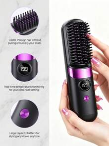 1800mAh USB Rechargeable Wireless Hair Straightening Brush, Portable Travel Electric Straightener Brush With Anti-Scald Quick Heat - Multicolor - View 3