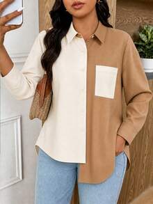Women's Plus Size Long Sleeve Shirt, Single-Breasted Pocket Top, Contrast Color Design - Khaki - View 5