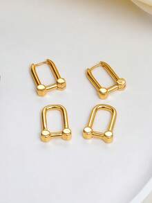 1 pieza Pendiente de oreja estilo motocicleta europeo y americano con cierre geométrico de doble uso, chapado en cobre dorado de alto brillo unicolor, joyería de oreja premium versátil para mujer para uso diario y fiestas - Dorado - Ver 4