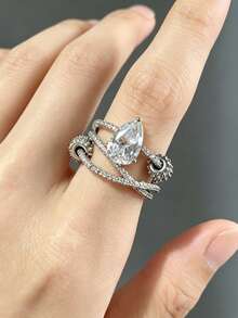 1pc Premium New Unique Multi-Layer Wrap Design Ring With Cubic Zirconia, Open Band, Niche Design For Women's Daily Wear - Silver - View 6
