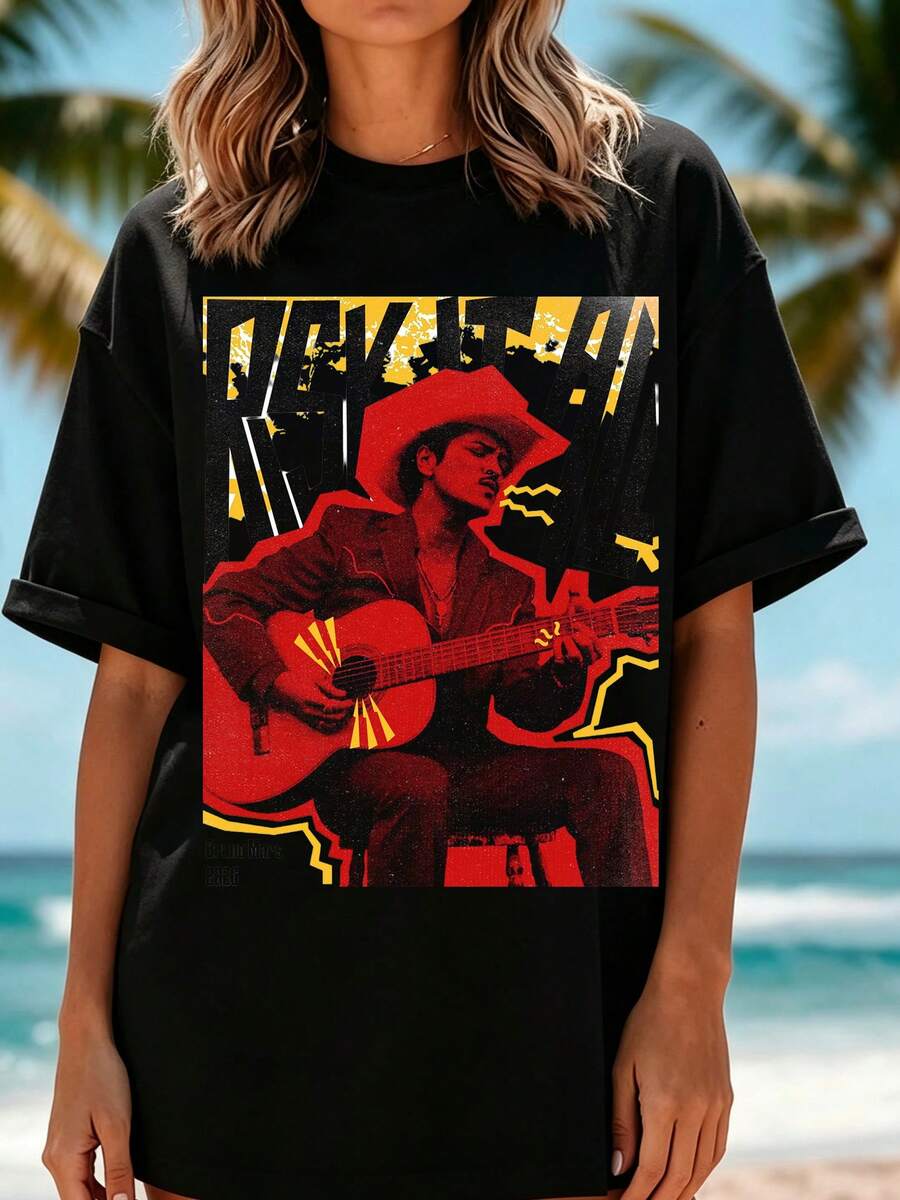 Beck Oversize T-Shirt With Guitarist Portrait Print For Concerts And Festivals, Retro Rock Style For Casual Fan Outfits - 黑色 - 查看 1