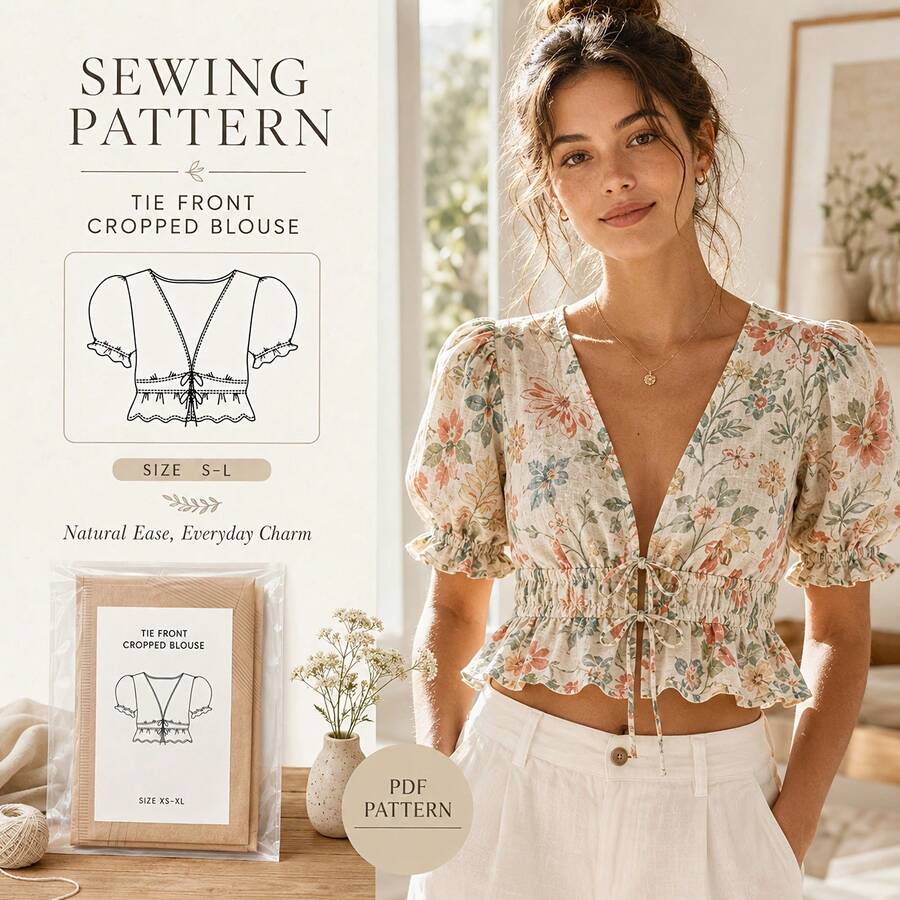 V-Neck Front Tie Puff Sleeve Cropped Blouse Pattern, Kraft Paper Hard Cardboard, Suitable For Beginners, French Floral Ruffle Blouse Handmade Pattern, Gift For Women's Clothing Handmade Enthusiasts - Multicolor - View 1