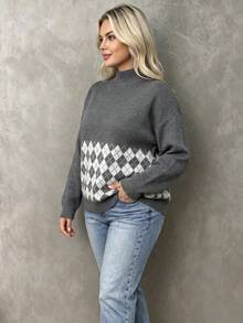 Women's Plus Size Knitwear Pullover Sweater With Argyle Pattern, High Neck, Long Drop Shoulder Sleeves And Tight Hem, Medium Stretch, For Fall Winter - Grey - View 3