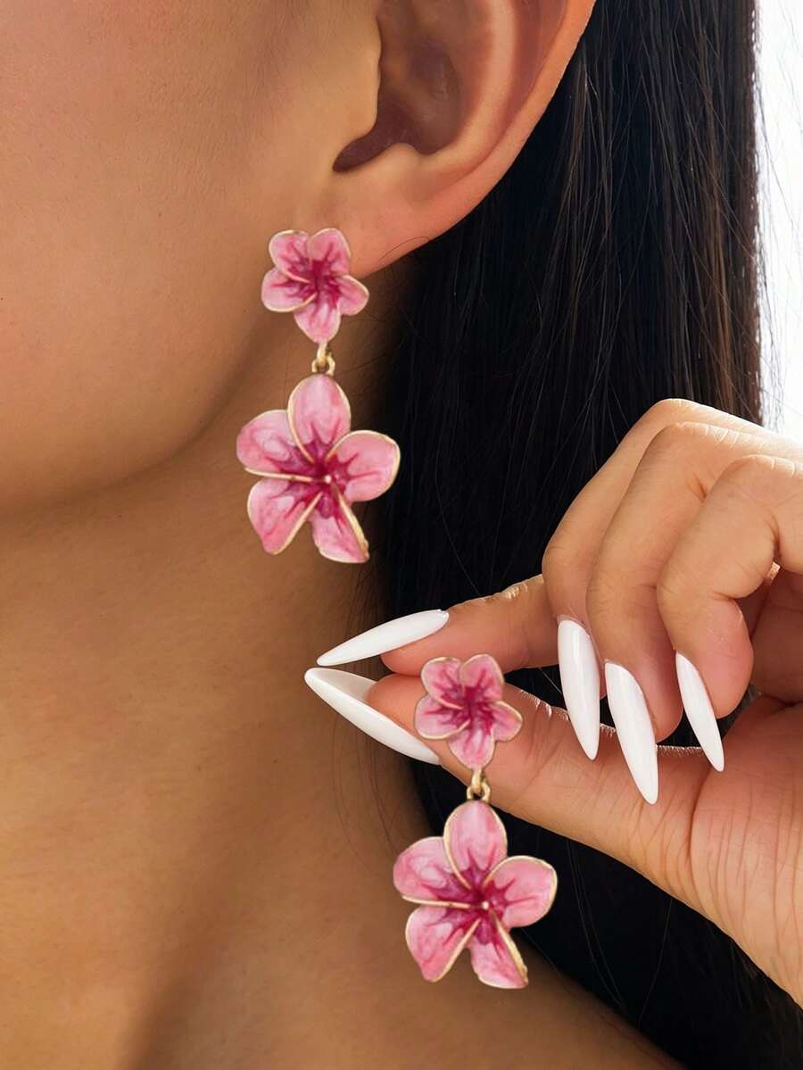 1對跨境時尚花朵滴油耳環，女款，簡約高端，修飾臉型且具個性化 - 粉色 - 查看 1