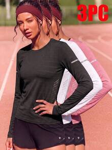 Comfortable 3-Piece Set Long Sleeve Sports Tops, Suitable For Yoga, Running, Cycling And Daily Wear - Multicolor - View 2