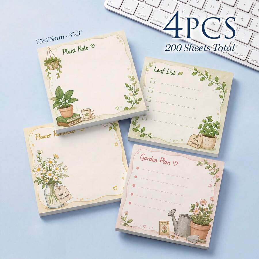 4 Packs Total 200 Sheets Plant Sticky Notes 75x75mm 3x3 Inch, Leaf Checklist And Garden Plan Floral Self-Adhesive Memo Pads, Desktop Reminder Notes, Office School Home Stationery Supplies - 75 X 75 mm - View 1