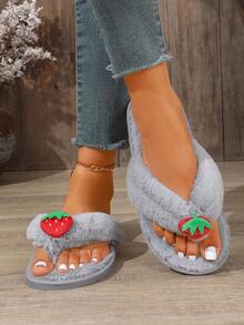 Girl Style 3D Strawberry Plush Flip Flops, Thick Sole Soft Fur Home Slippers For Women, Casual Outdoor Wear Fuzzy Shoes - Grey - View 2