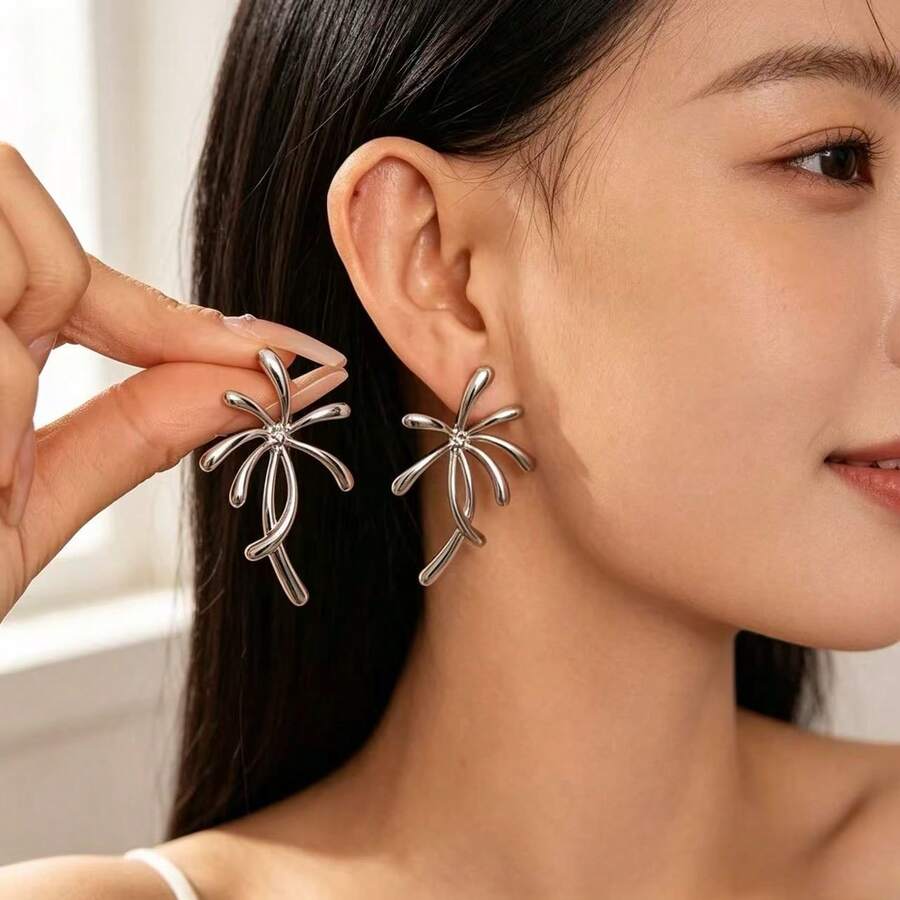Pendientes colgantes con diseño de flor de línea retorcida única, elegantes pendientes de botón brillantes de declaración, accesorios de moda vanguardista para damas - Multicolor - Ver 1