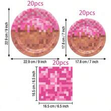 10/20/40/60 Pcs,Pink Pixel Block Themed Disposable Paper Plates And Napkins,Video Game Pixel Print 9 Inch & 7 Inch Dinner Dessert Plates With Matching Tissues,Decorative Tableware For Girly Pixel‑Style Birthday Party Table Decor Supplies - Multicolor - View 11