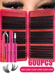 DIY Eyelash Extension Kit (Includes 600 Clusters Option), D Curl, Covers 80D To 200D Multiple Sizes; Kit Includes Eyelash Adhesive And Setting Liquid, Application Tools And Tweezers, Suitable For DIY Creating Exquisite Eyelash Makeup - Multicolor - View 9