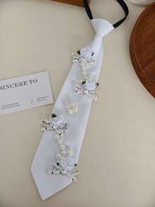 3D Flower Pearl String Polka Dot Bowknot White Tie-Free Necktie For Women, Exquisite Shirt Decoration Necktie For Girls - White Small Flower Pearl - View 5