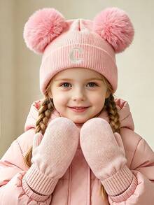 3pcs/Set Baby Letter Knit Hat And Gloves Set, A-Z Double Pom Pom Knit Hat + Knit Gloves, Elastic Warm Winter Accessories, Suitable For Baby Toddler Girls - Pink - View 4