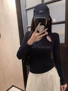 Women's Early Autumn Hollow Letter Rhinestone Long Sleeve Base Layer Top - Navy Blue - View 8