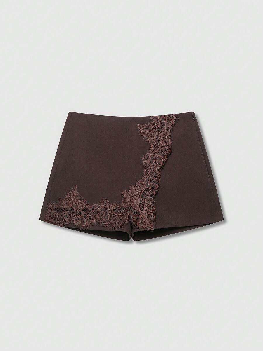 Women's Lace Patchwork Casual Versatile Daily Skort Summer - Brown - View 1
