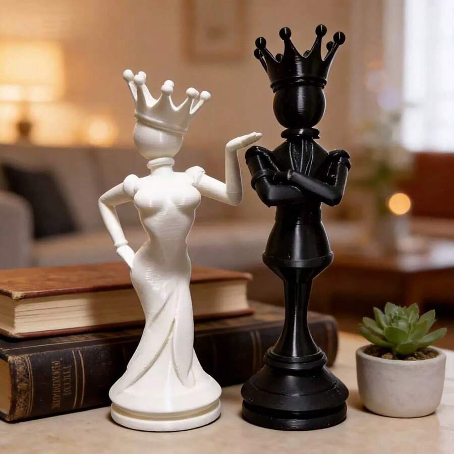 3D Printed Chess King & Queen Sculpture, Creative Home & Office Desktop Decor, Chess Fan Collectible Craft - Multicolor - View 1