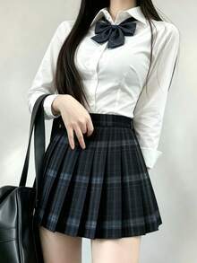 1件日系JK校服 白色長袖收腰襯衫搭配霧藍黑格紋裙，萬聖節學生服裝套裝，秋季款 - 霧霾藍 - 查看 3