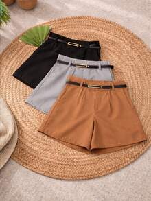 Kit 3 Shorts Alfaiataria Feminino Plus Size C/Cinto Elegante - preto/caramelo/cinza - Visão 2