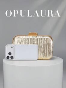 OpulAura 復古奢華手拿包，金色 PU 皮革亮面百褶設計時尚派對包，正式派對手提包，高端方盒小包，適合派對/婚禮/正式場合晚宴女士包，附鏈條 - 金色 - 查看 6