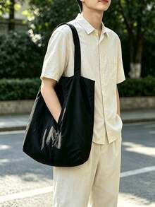 Solid Color Men's Shoulder Tote Bag, Versatile Shopping Bag, Striped Large Capacity Canvas Bag - Black - View 1