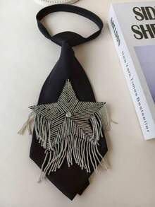 Handmade Beaded Pentagram Tassel Tie, Shiny Design Black Decorative Necktie - Five-pointed Star Tassel - View 2