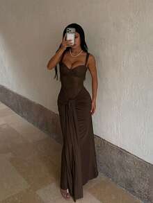 Autumn/Winter Elegant Party Dress, Lace Draped Luxury Evening Gown, Suitable For Halloween, Birthday, Prom, Wedding, Vacation - Brown - View 3