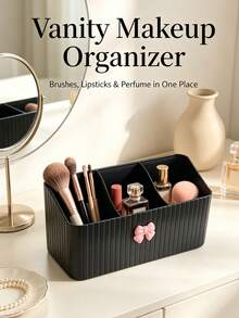 2/1pc Bowknot Decoration Grid Storage Box Three Grid Vertical Pattern Cosmetics Storage Box Dressing Table Lipstick Makeup Brush Sorting Box Bathroom Desktop Miscellaneous Storage Box - View 1