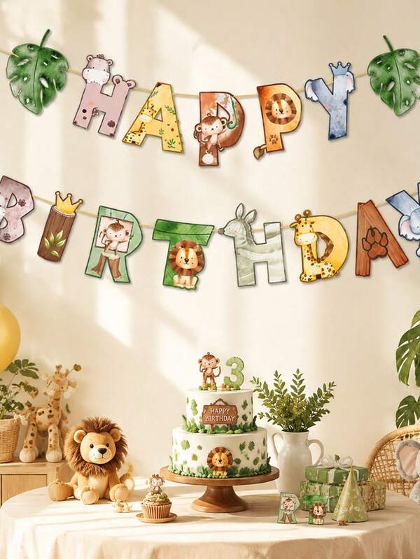 1 Set Jungle Animal Happy Birthday Banner, Wild One Jungle Theme Birthday Pull Flag, Hanging Wall Background Decor, Safari Animal Party Supplies For Birthday Party Home Decoration