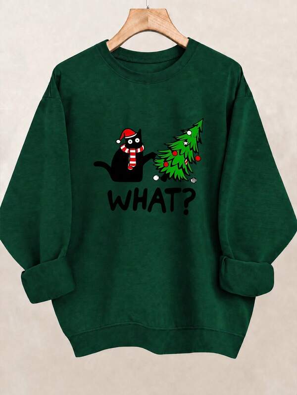 Christmas Kitten Letter Snowflake Print Round Neck Sweatshirt, Plus Size Women's Casual Autumn/Winter Long Sleeve Sweatshirt, Suitable For Winter Holiday Outfits, Beach Outfits, Vacation Outfits, Autumn Outfits, Halloween Outfits, Christmas Outfits, New Year Outfits. Suitable For Daily Wear, Going Out Tops, Outings, Holidays, Beach, Parties, Birthdays, Beach, Gatherings, School, Music Festivals, Vacations, Commuting, Fitness, Weddings, New Year, Fashionable, Winter Tops, Women's Autumn Outfits, Women's Holiday Clothing