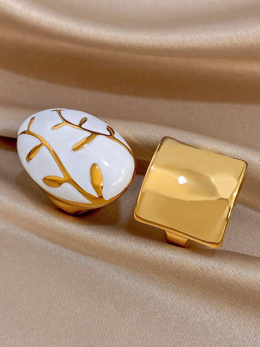1Pc/Set Smooth Concave Curved Ring Oval White Gold Leaf Stainless Steel Rings Jewelry,For Women,Party,Daily,Christmas,Boho,Valentine Birthday Gifts - Multicolor - View 1