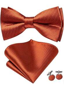 Men's Paisley Striped Silk Pre-Tied Bow Tie, Pocket Square And Cufflinks Set, Formal Wedding Party Ball - Burnt Orange - View 1