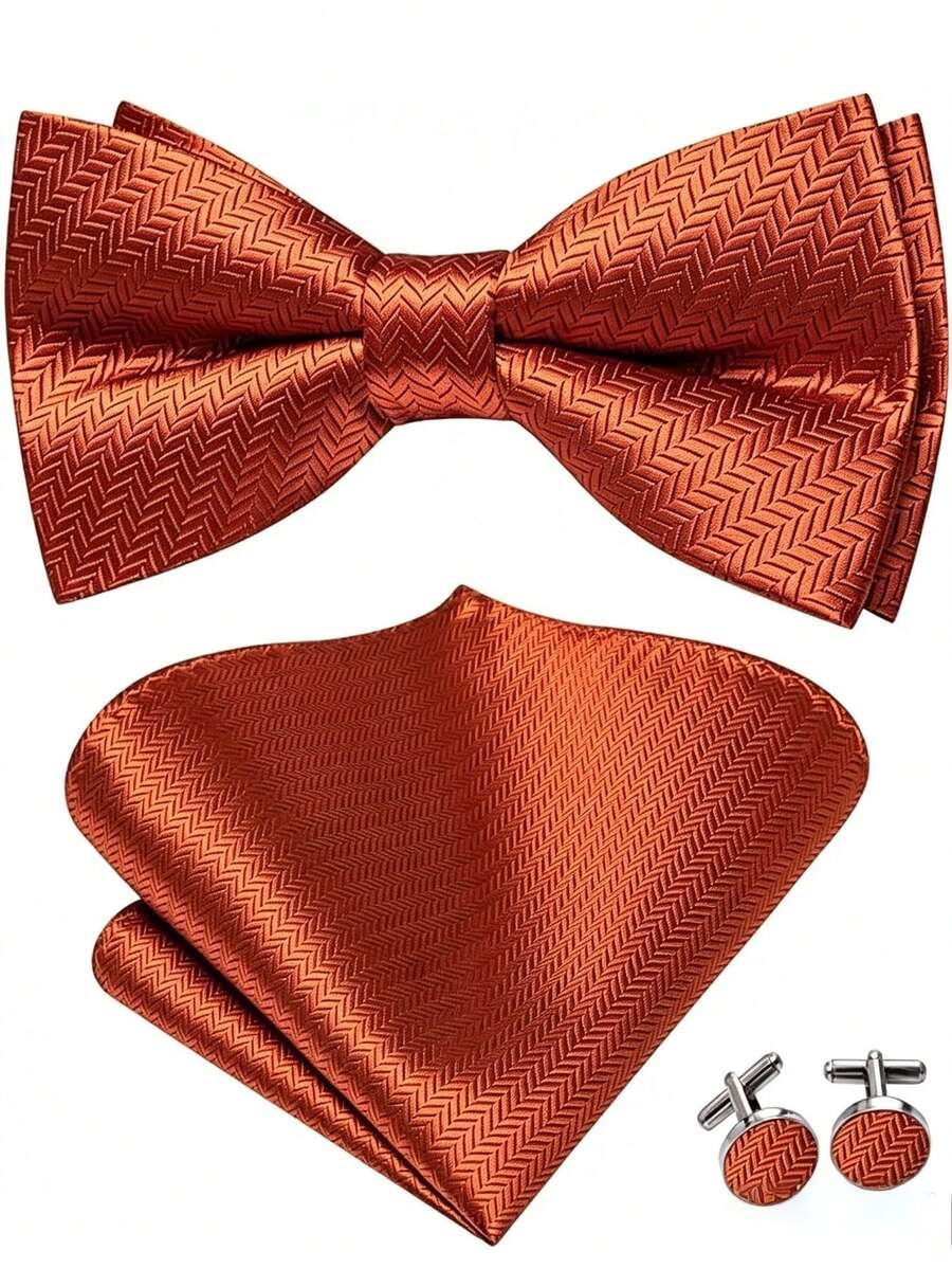Men's Paisley Striped Silk Pre-Tied Bow Tie, Pocket Square And Cufflinks Set, Formal Wedding Party Ball - Burnt Orange - View 1
