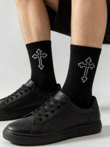 10 Pairs Unisex Black And White Versatile Cross Mid-Calf Socks, Simple Solid Color, Minimalist Daily Wear, Suitable For Everyday Use - Multicolor - View 3