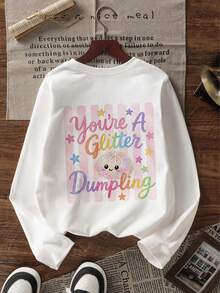 Tween Girl 1pc Printed Long Sleeve T-Shirt, Suitable For Girls' Autumn/Winter Tops, Young Student Children's Clothing, Suitable For Outerwear And Layering - White - View 2