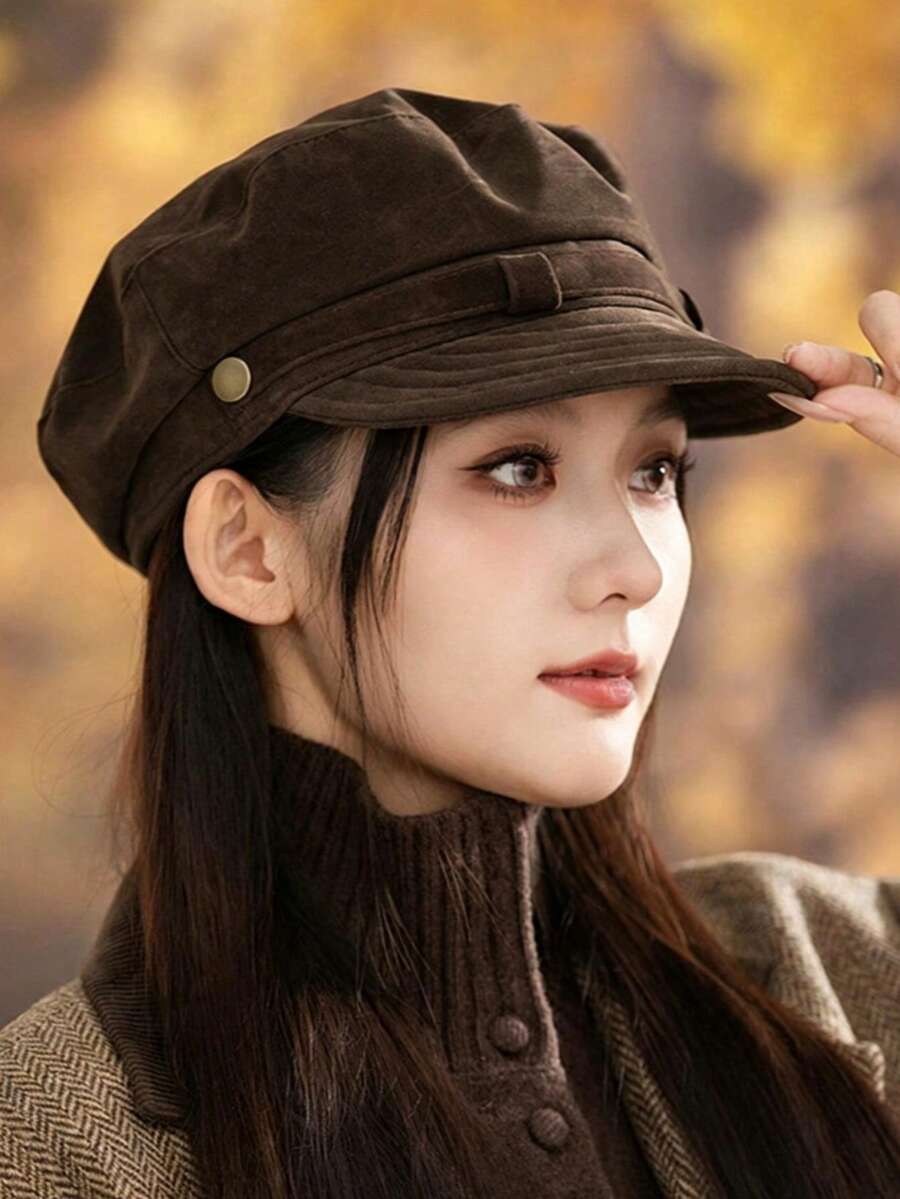 New 2025 Autumn/Winter Beret Hat, Vintage Navy Style Flat Top Newsboy Cap, Premium Feel, Korean Style Versatile Solid Color Polyester (Polyester) Hat For Women - Hat - View 1
