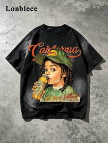 Lonblece 美式復古水洗做舊短袖T恤，辮子小孩飲飲料肖像印花與California字體，街頭風中性圓領 - 黑色 - 查看 2