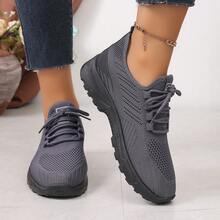 All-Season Women's Mesh Sneakers With Tight Weave, Breathable Lace-Up Thick Sole Height-Increasing Casual Shoes For Daily Wear And Pants Matching - Grey - View 1