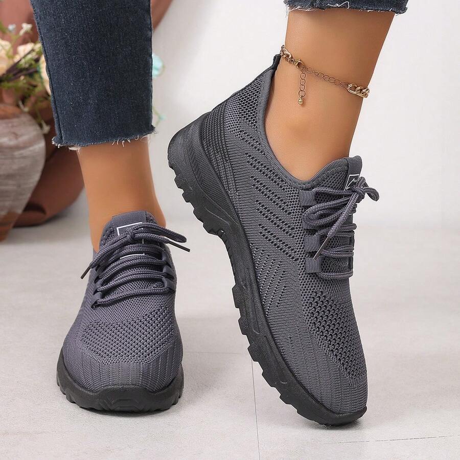 All-Season Women's Mesh Sneakers With Tight Weave, Breathable Lace-Up Thick Sole Height-Increasing Casual Shoes For Daily Wear And Pants Matching - Grey - View 1