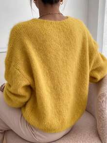 V-Neck Solid Color Fine Knit Sweater - Ginger - View 2