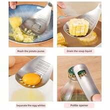 1pc Multifunctional Stainless Steel Straining Spoon, All-In-One Kitchen Gadget With Built-In Grater & Bottle Opener, Drain & Scoop Food - Silver - View 8