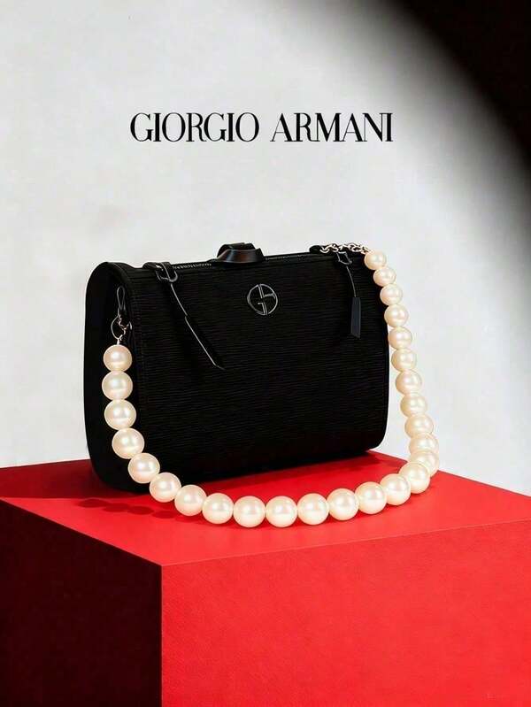 Armani New Black Evening Bag With Pearl Shoulder Strap Original Design Multi‑Use Shoulder Handbag Holds Phone Perfect Holiday Birthday Anniversary Gift